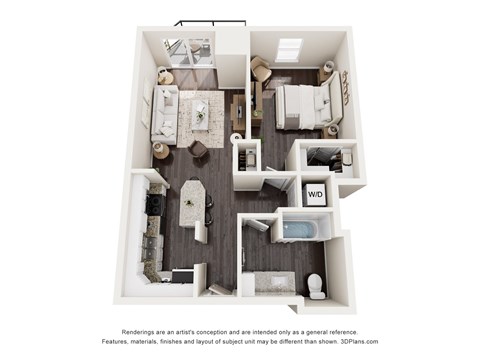 Floor plan for 1 bed, 1 bath, 719 sqft